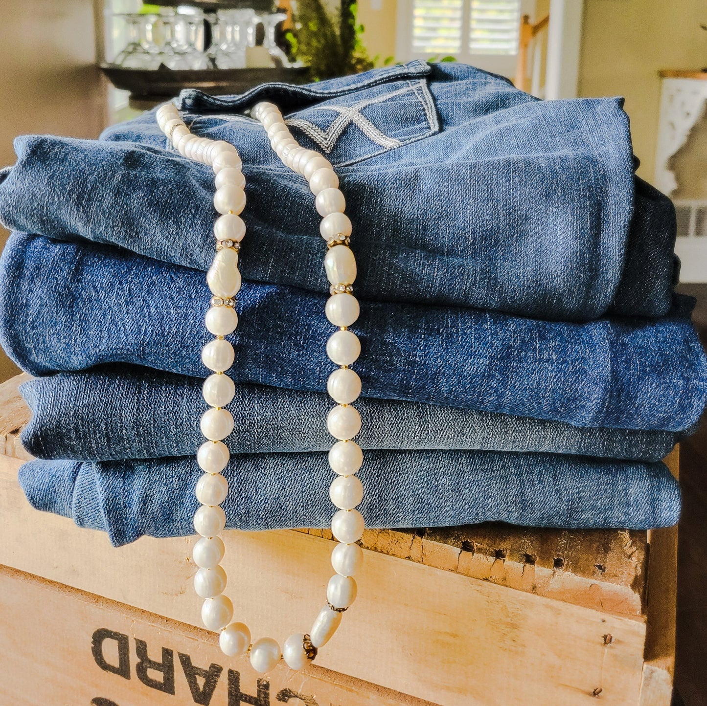 30" long freshwater & vintage bits necklace & jeans
