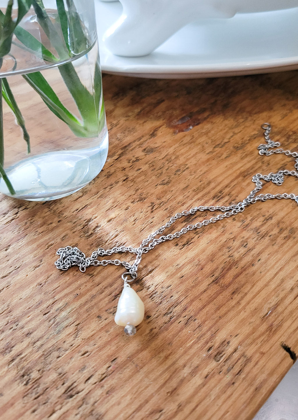 24" stainless steel chain 12mm fw pearl pendant