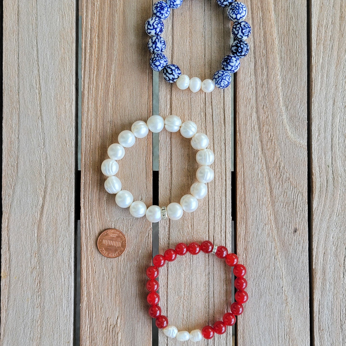 Red White Blue gemstone & freshwater pearls stretch bracelets