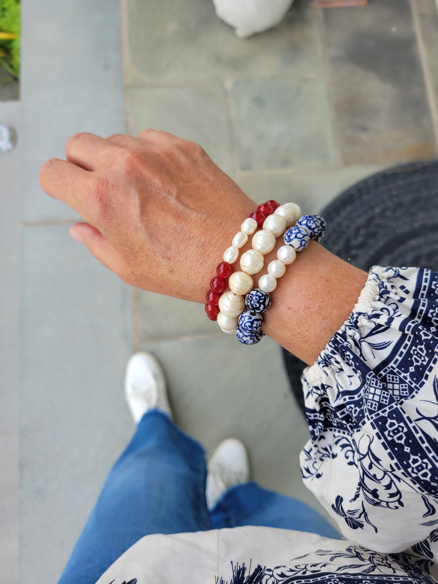 Freshwater Pearls and Gemstones - Red, White and Blue