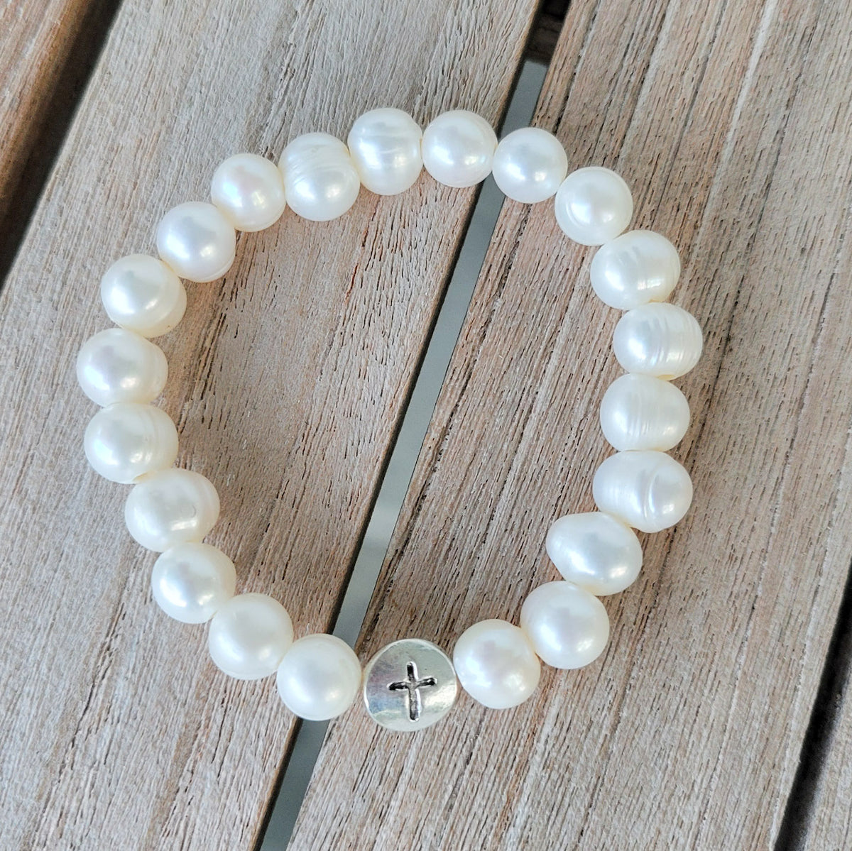 8mm freshwater pearls stainless cross bead stretch bracelet