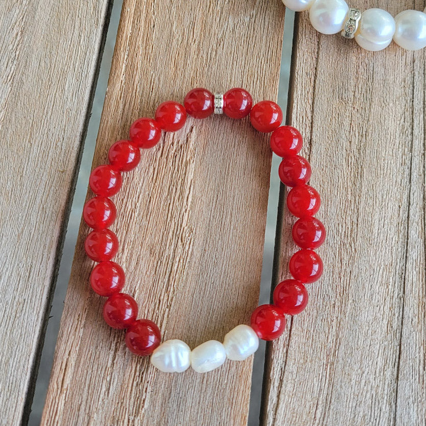 Freshwater Pearls and Gemstones - Red, White and Blue