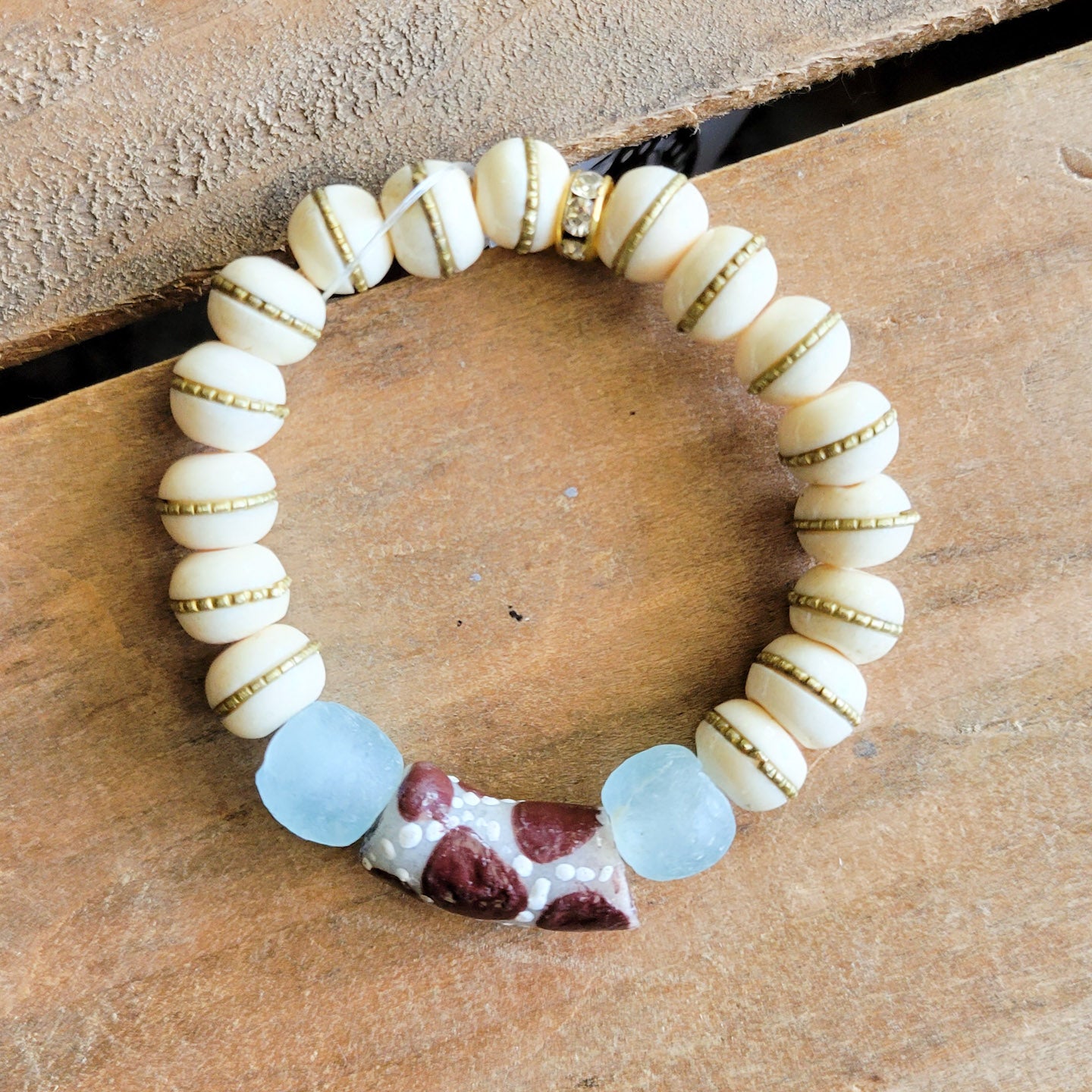handmade glass brass bone stretch bracelet