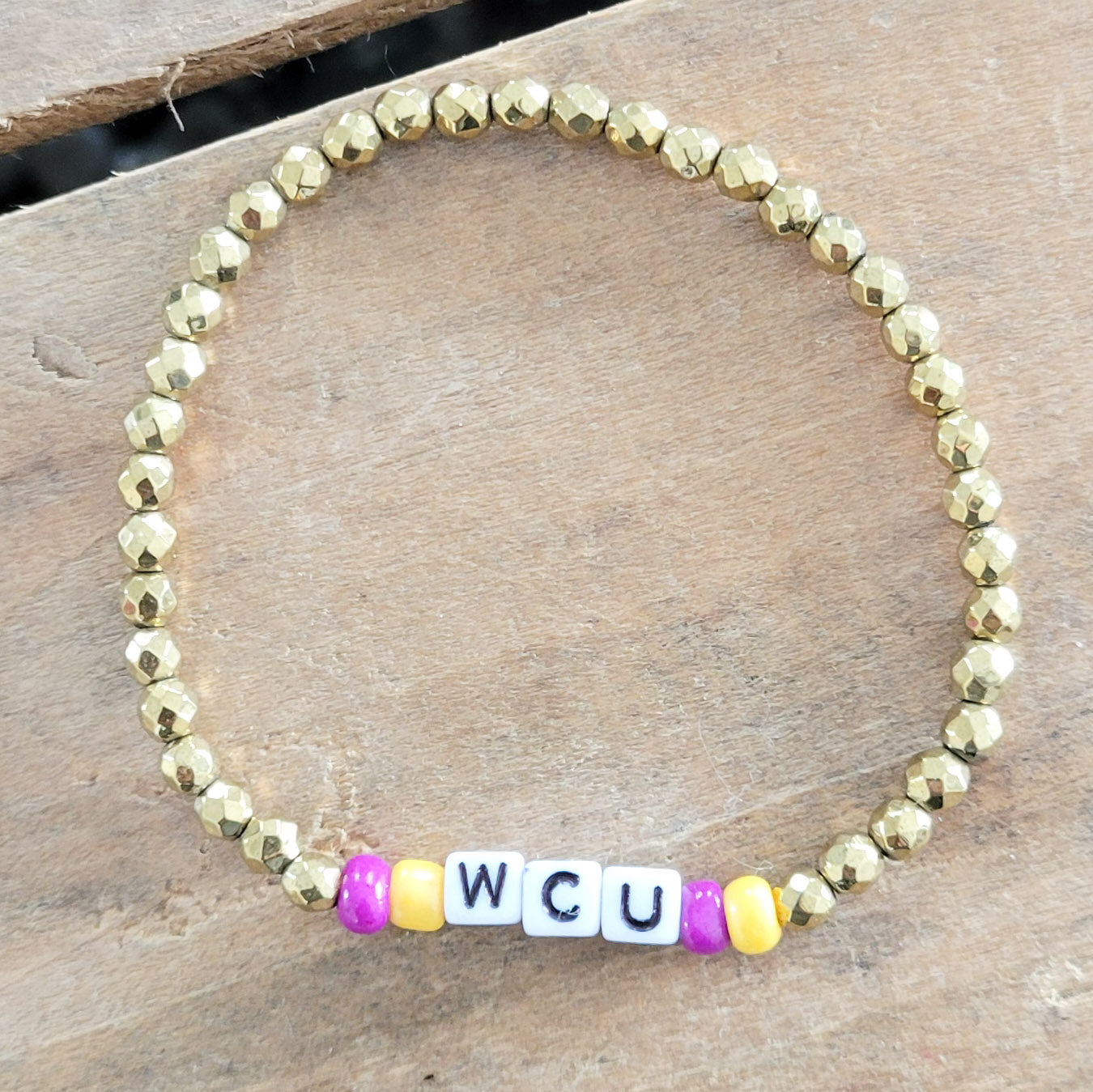gold hematite beads WCU letter stretch bracelet
