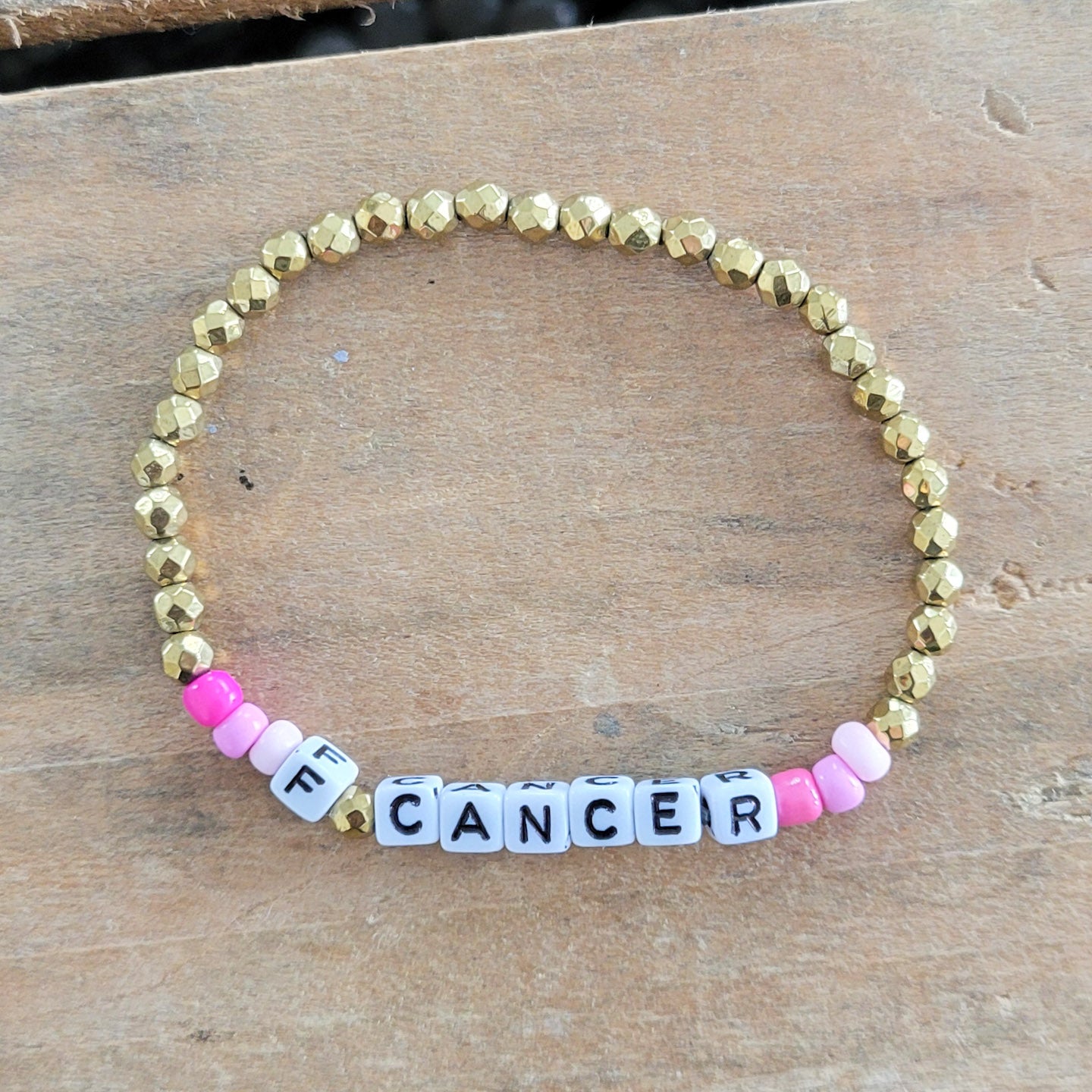 gold hematite beads F CANCER letter stretch bracelet