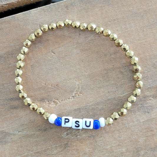 gold hematite beads PSU letter stretch bracelet