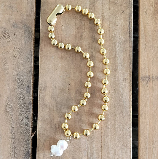 gold-tone ball chain Freshwater peanut pearl pendant necklace