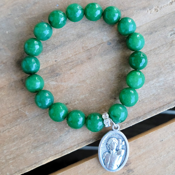 Green agate gemstone beads 1" oval St. Sebastian Athlete medal stretch bracelet