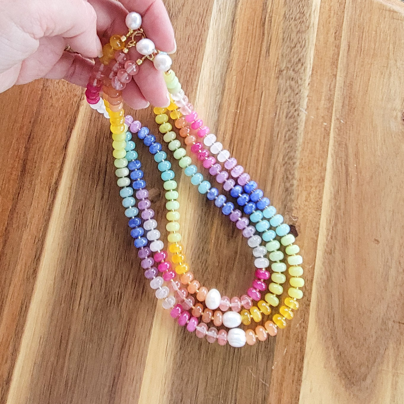 rainbow 8mm pastel agate beads freshwater pearl details necklace