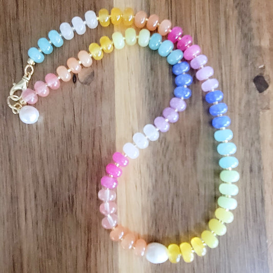 rainbow 8mm pastel agate beads freshwater pearl details necklace