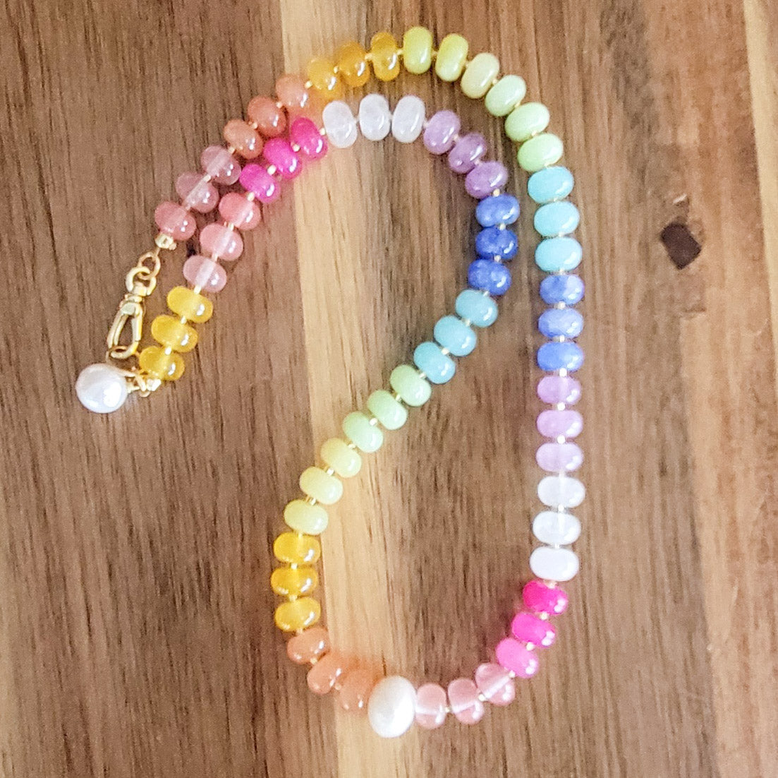 rainbow 8mm pastel agate beads freshwater pearl details necklace