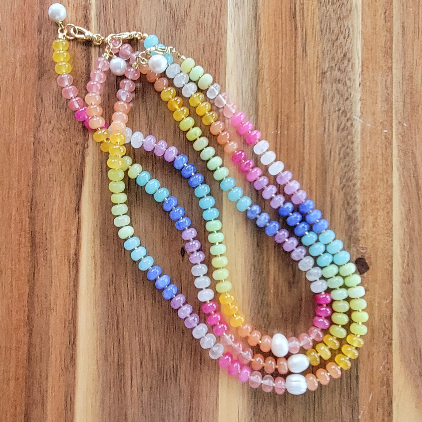 rainbow 8mm pastel agate beads freshwater pearl details necklace