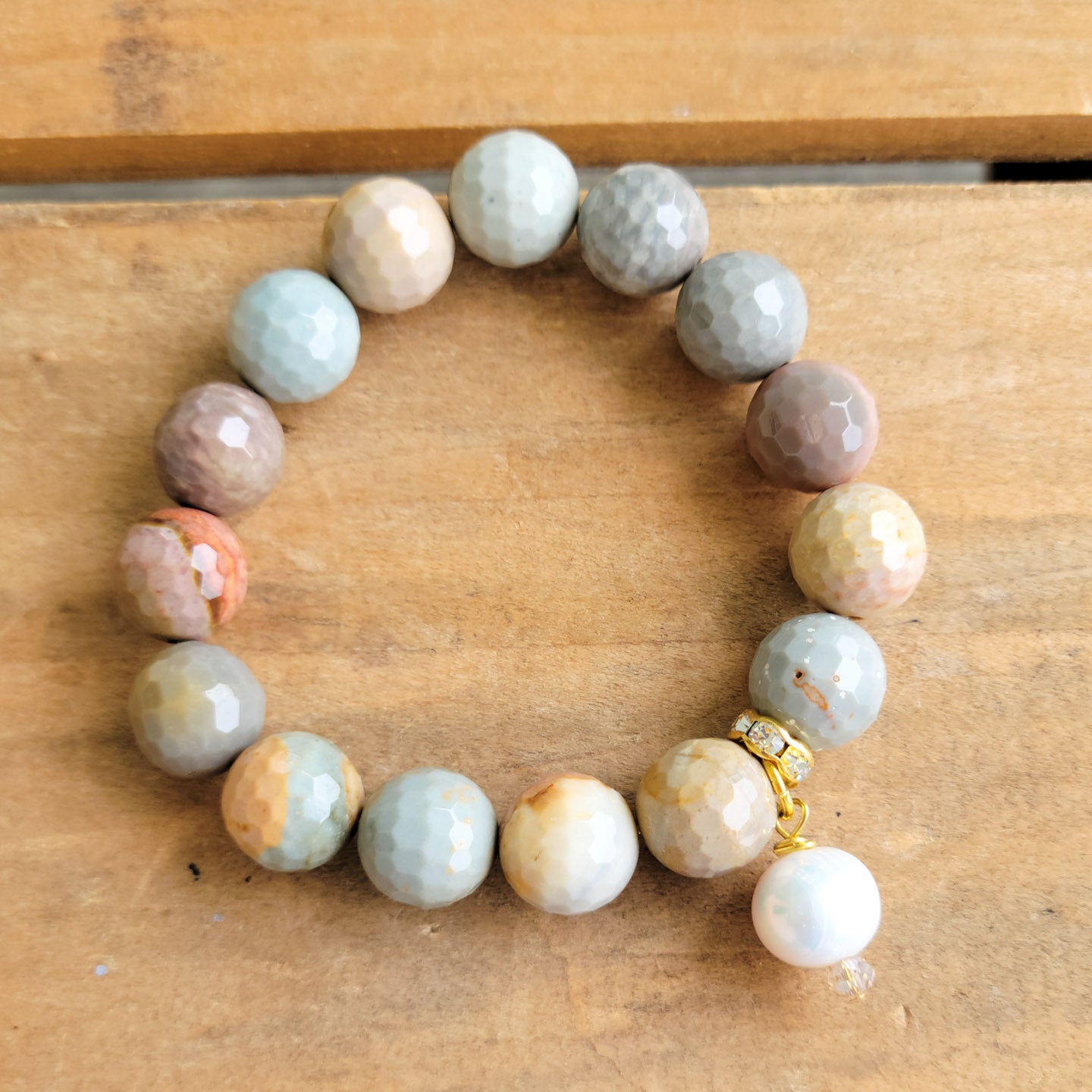 12mm picture jasper gemstone beads w freshwater pearl dangle stretch bracelet
