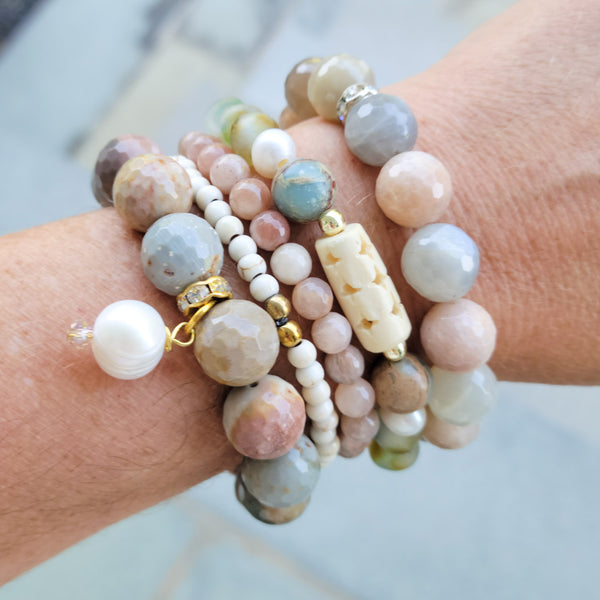 Gemstone bead stretch bracelets stacked