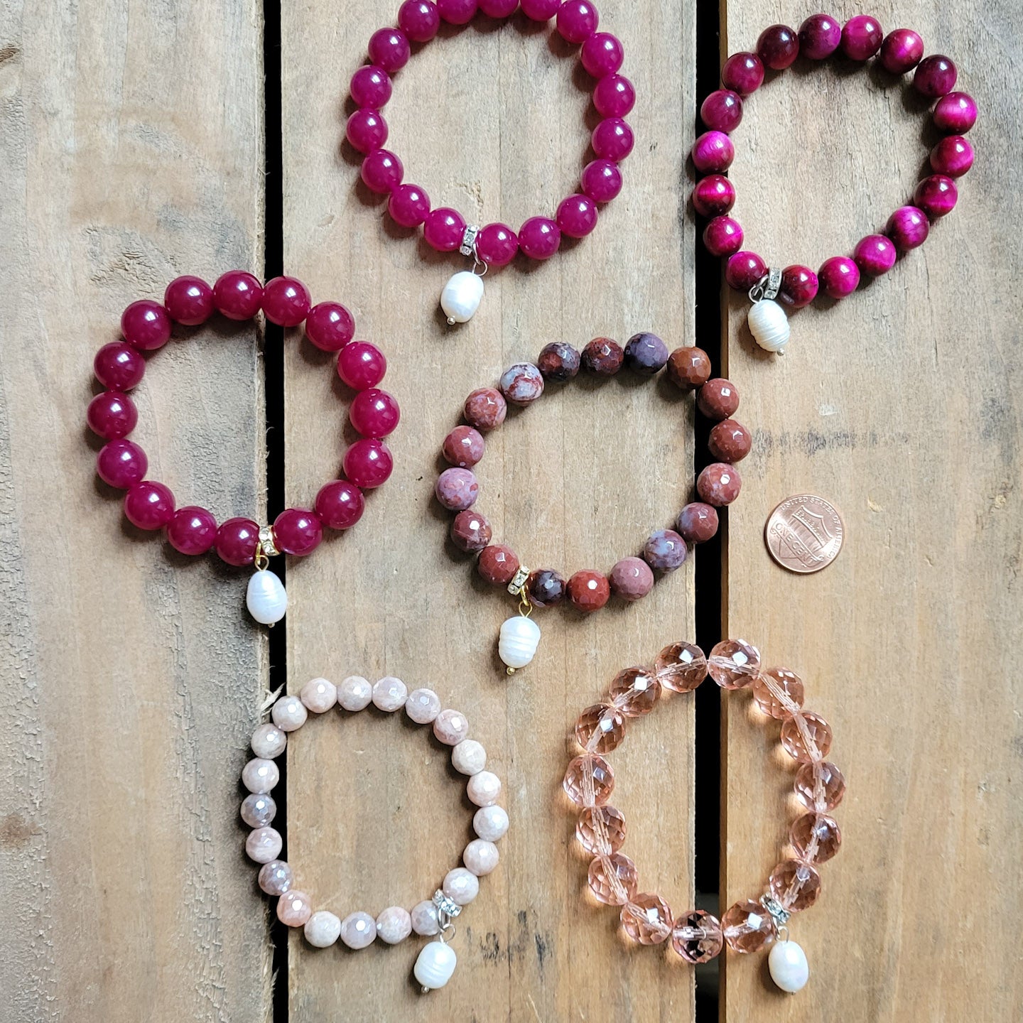 pink to magenta beads freshwater pearl dangles stretch bracelets