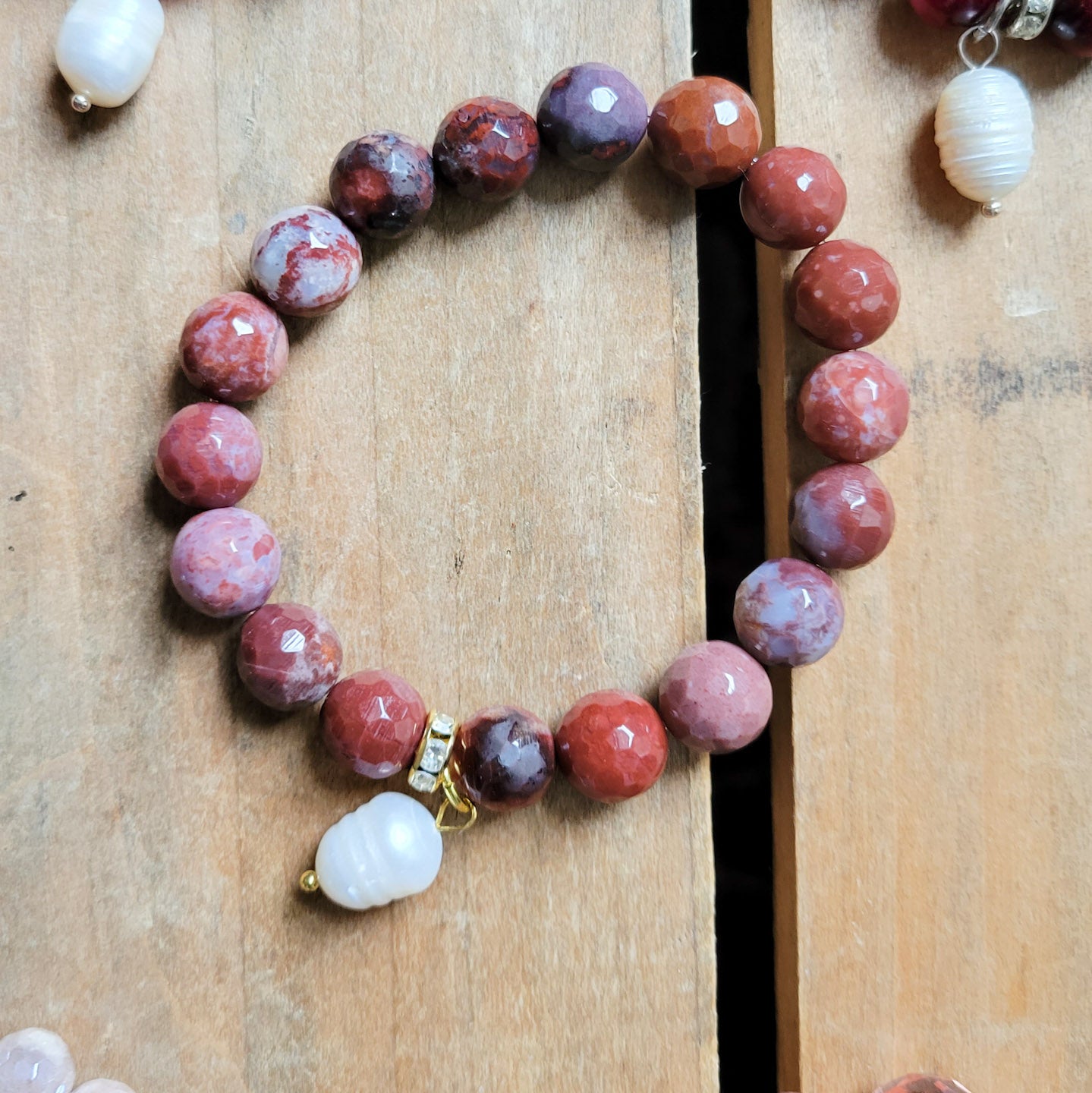 port agate 10mm beads freshwater pearl dangle stretch bracelet