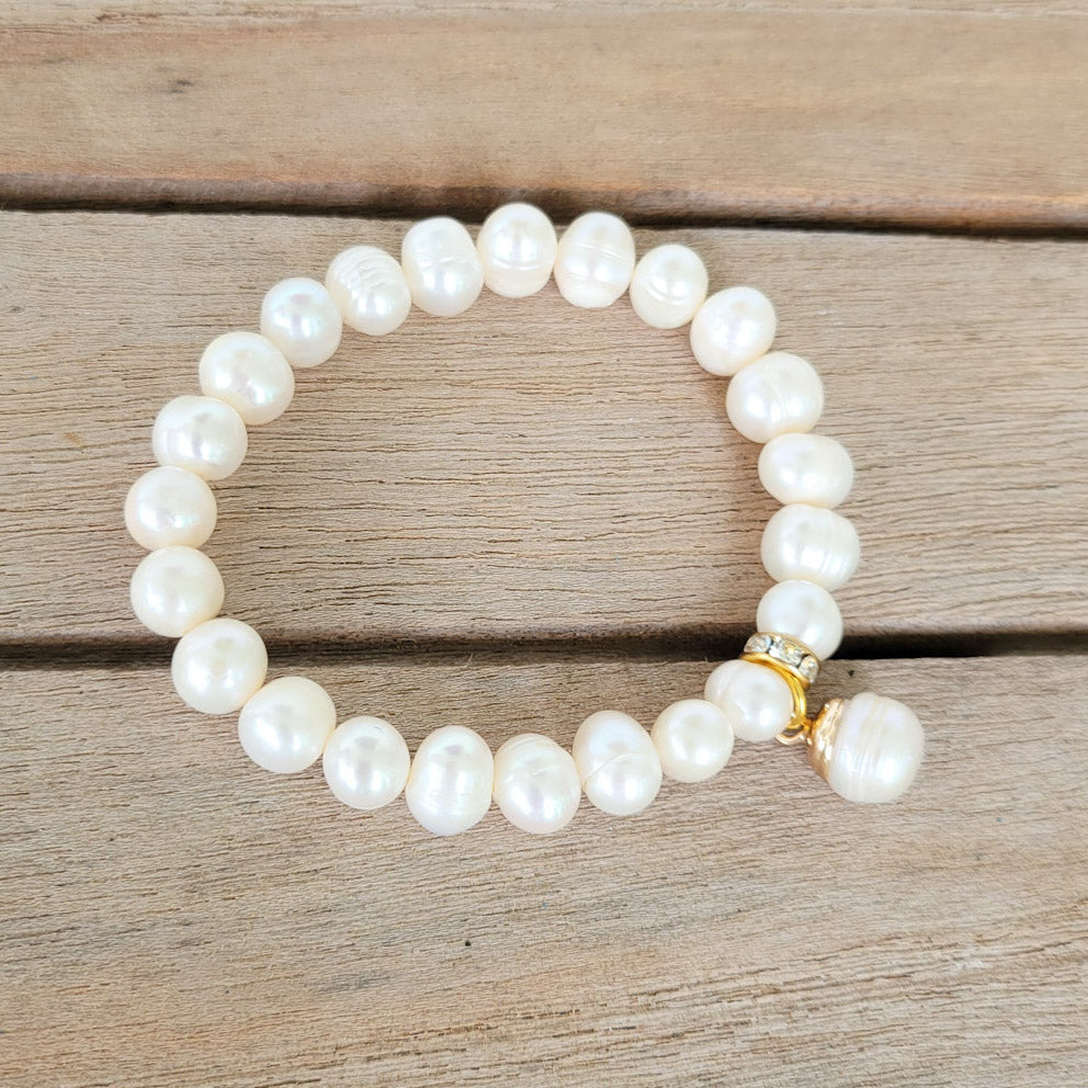 8mm freshwater potato pearls w/ gold-filled FW pearl dangle stretch bracelet