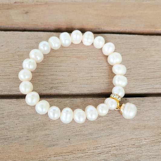 8mm freshwater potato pearls w/ gold-filled FW pearl dangle stretch bracelet