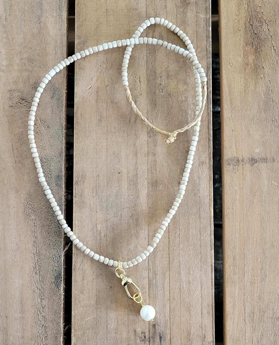 Ghana beads raffia freshwater pearl dangle over the head necklace