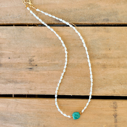 16" freshwater rice pearls & turquoise center stone necklace
