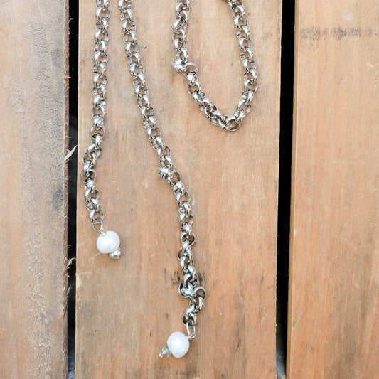 18" rolo stainless chain freshwater pearl dangles lariat necklace