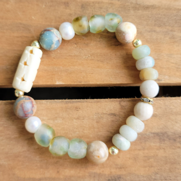 Eclectic gemstone bead + freshwater pearls mix stretch bracelet