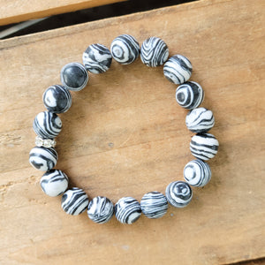 10mm swirled black & white agate stretch bead bracelet