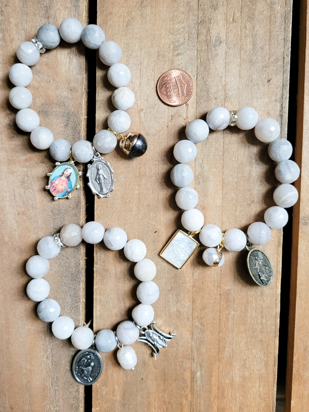 12mm lacey agate beads triple medals freshwater pearl stretch bracelets