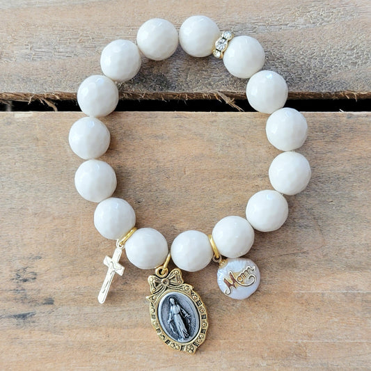 Agate beads, gold crucifix, 2 tone Miraculous medal, freshwater MOM pearl bracelet