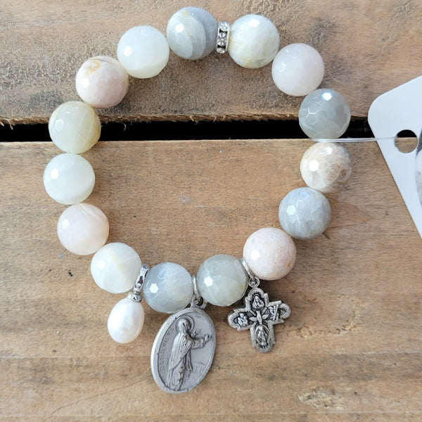 Sunstone Beads freshwater pearl, St. Genevieve, 4 Way Cross medals bracelet