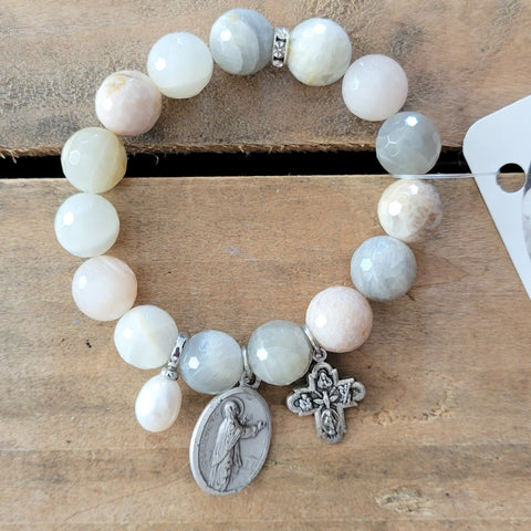 Sunstone Beads freshwater pearl, St. Genevieve, 4 Way Cross medals bracelet