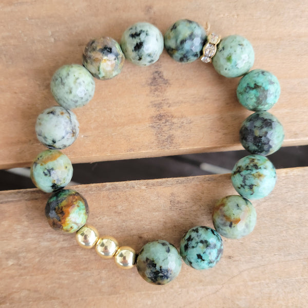 12mm green turquoise agate 14kt gold stretch bead bracelets