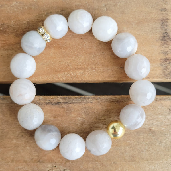 12mm lacey agate 14kt gold stretch bead bracelets