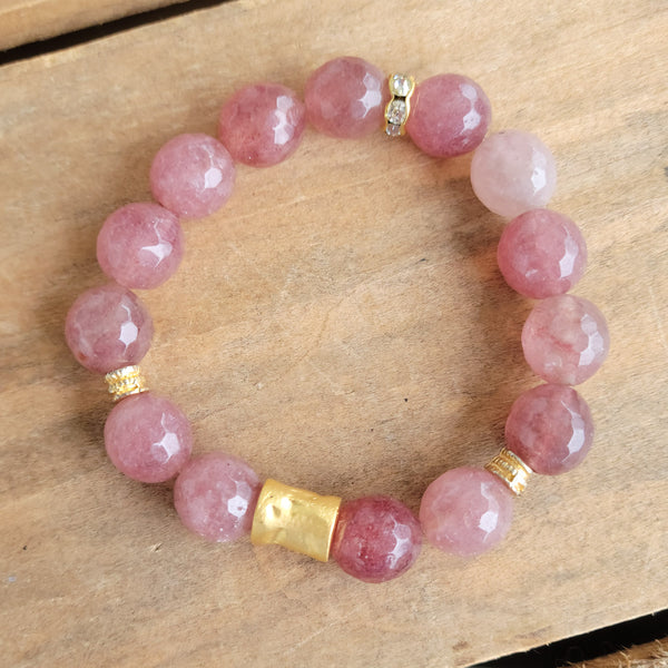 12mm strawberry quartz 14kt gold stretch bead bracelets