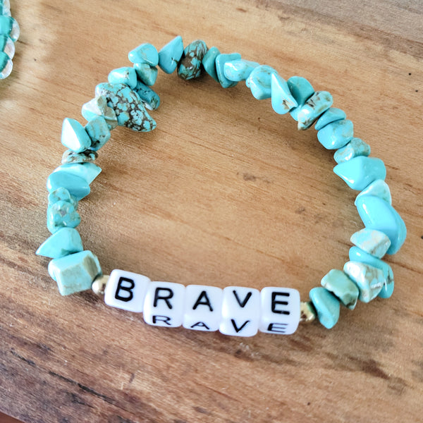 turquoise chips beaded stretch word bracelets BRAVE