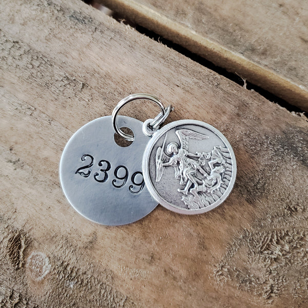 1.5" round aluminum tag vtg stamped badge numbers 1" round Arch angel Michael medal