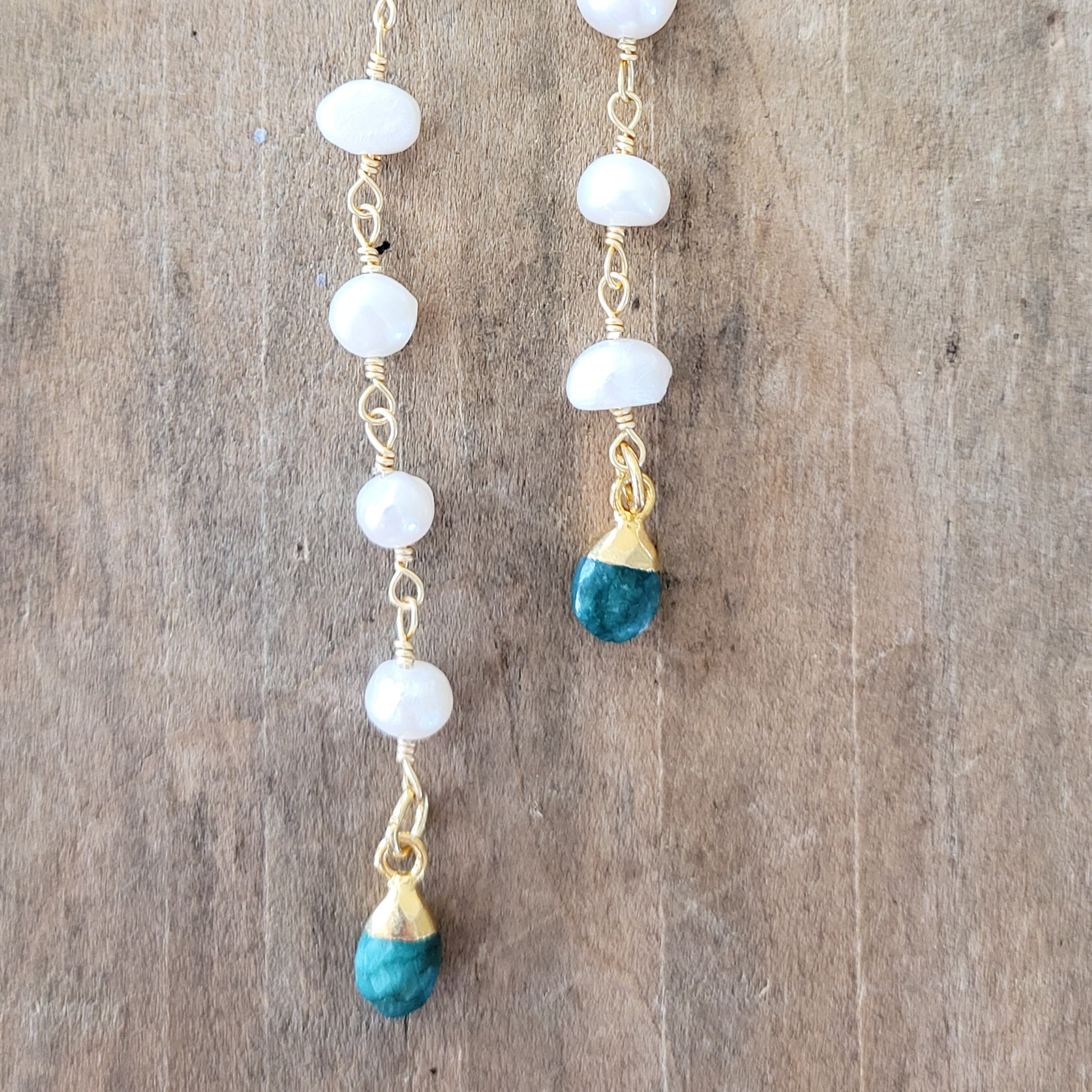 Duster earrings 4" long freshwater pearls & emerald gemstone drop