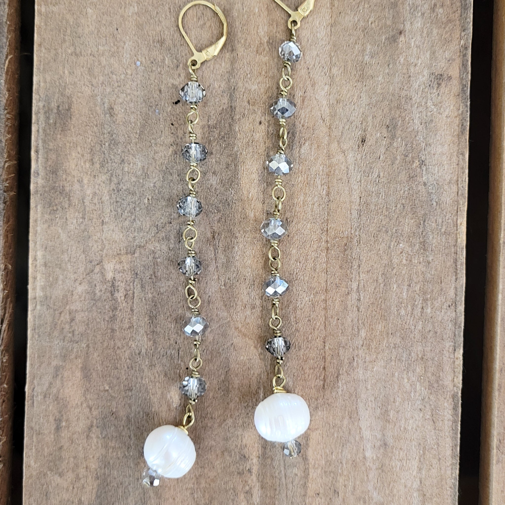 Duster earrings brass rosary chain freshwater pearls
