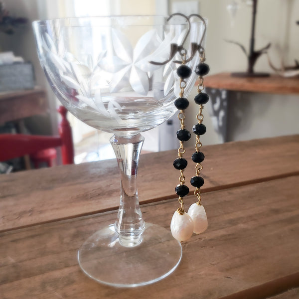 3" long Duster earrings jet crystals freshwater pearl drops