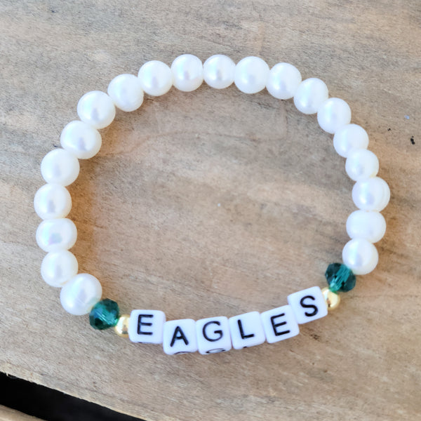 EAGLES green crystal, freshwater pearl and 14kt gold stretch bracelet