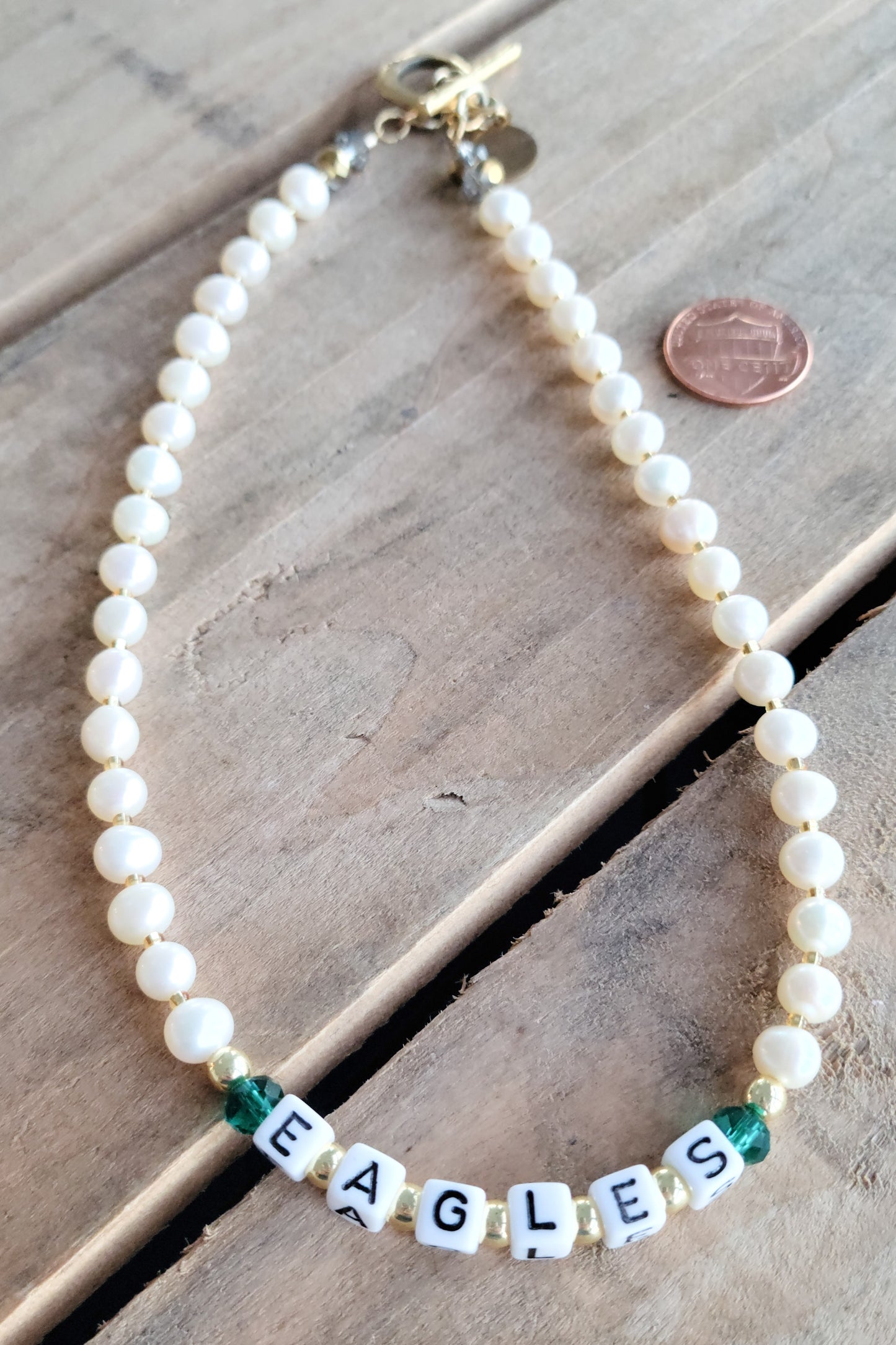 Eagles - Freshwater Pearls Green Crystals Letter Beads Necklace