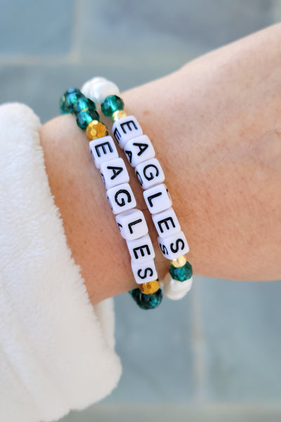 EAGLES green crystal, freshwater pearl and gold stretch bracelets