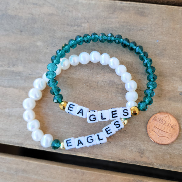 EAGLES green crystal, freshwater pearl and gold stretch bracelets