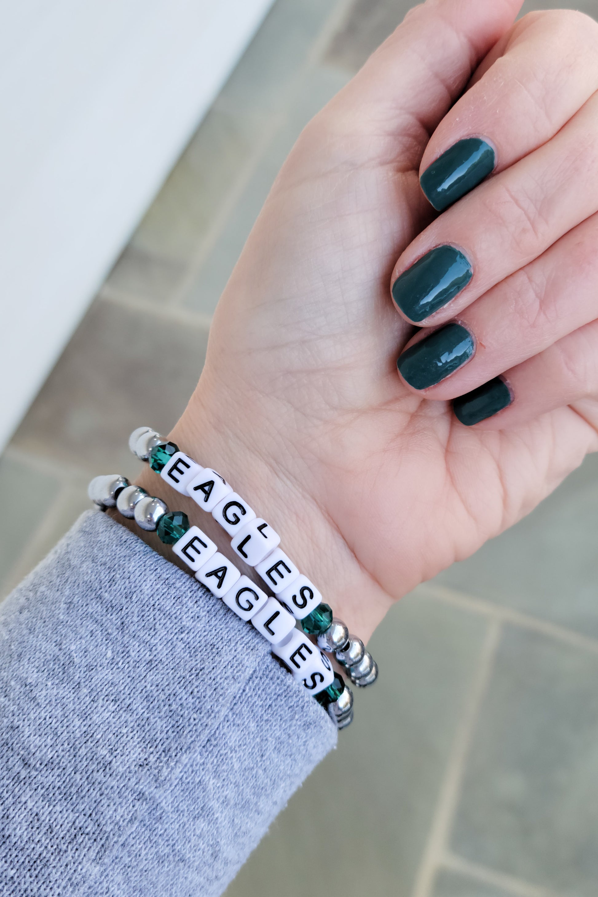 6mm silver hematite beads EAGLES letter beads green crystals stretch bracelets