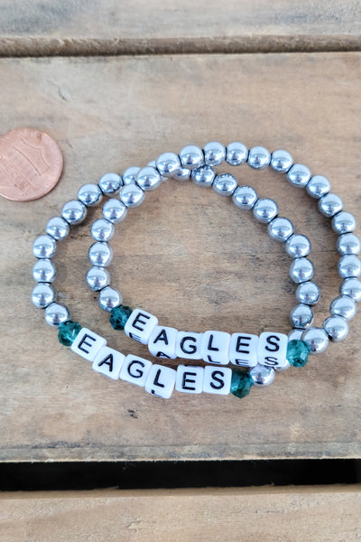 6mm silver hematite beads EAGLES letter beads green crystals stretch bracelets