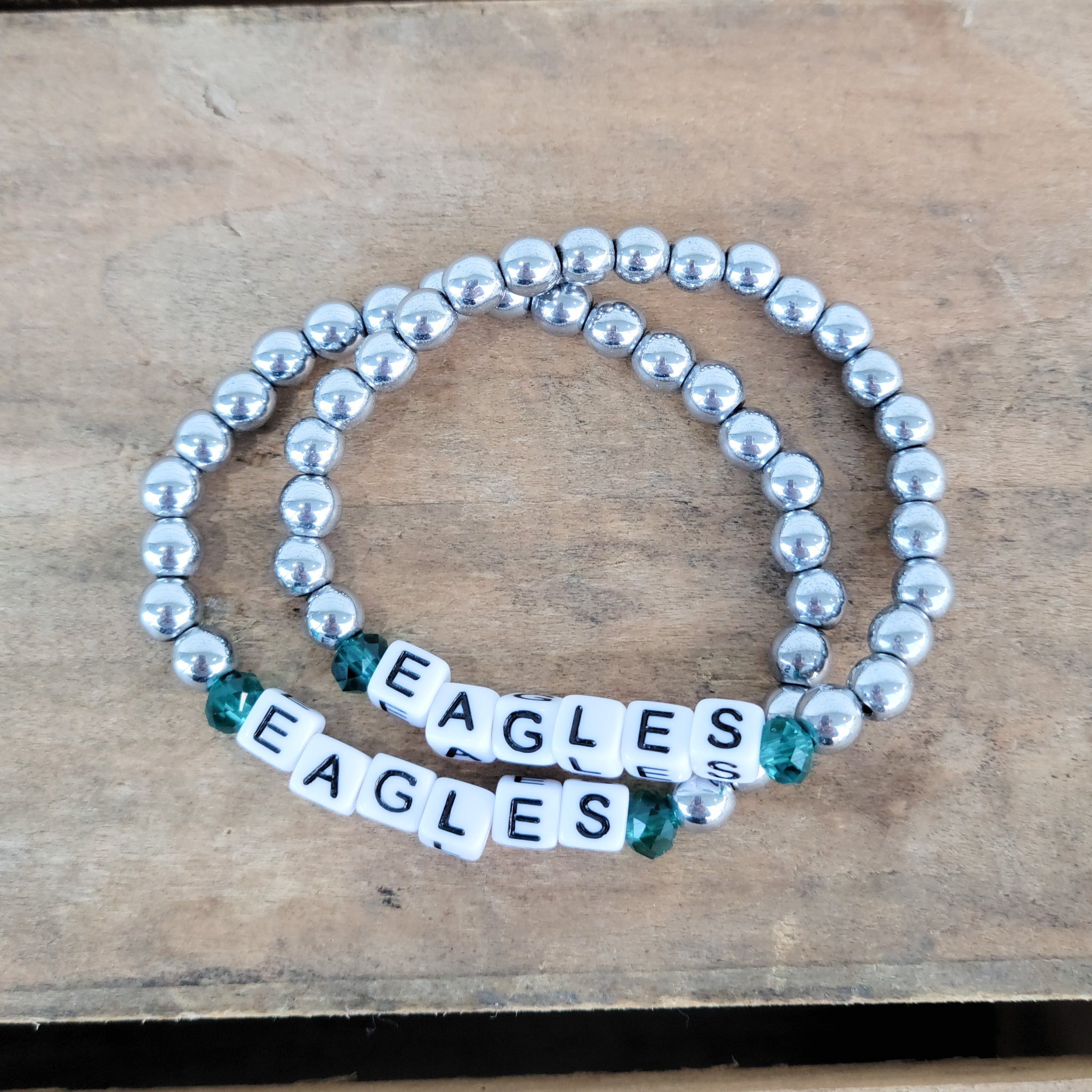 6mm silver hematite beads EAGLES letter beads green crystals stretch bracelets