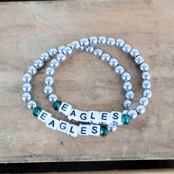 6mm silver hematite beads EAGLES letter beads green crystals stretch bracelets
