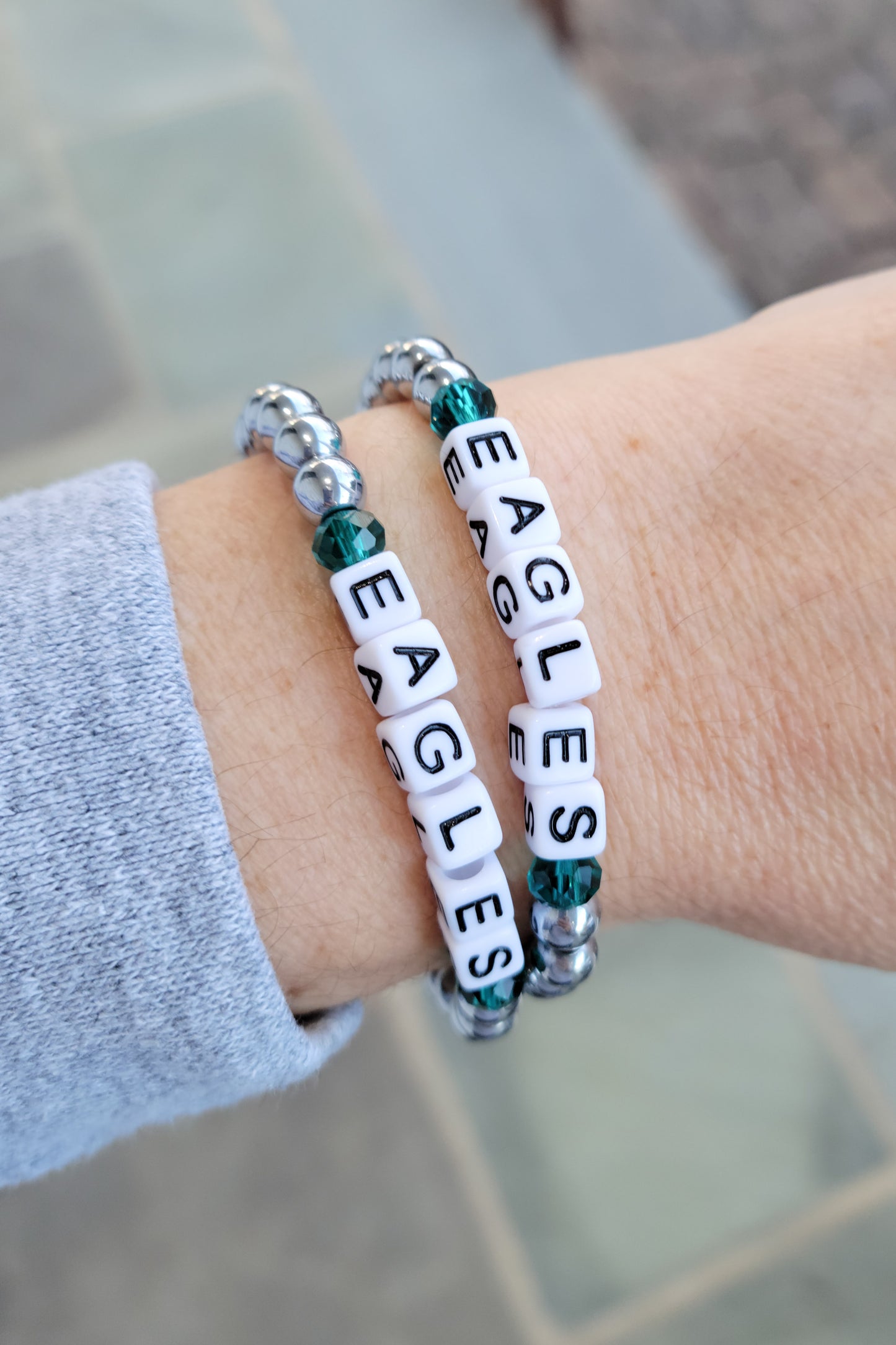 6mm silver hematite beads EAGLES letter beads green crystals stretch bracelets