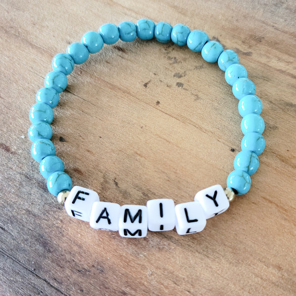 Turquoise Howlite beaded stretch word bracelets FAMILY