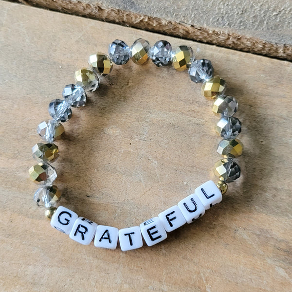 square letter beads GRATEFUL silver gold crystals stretch bracelet